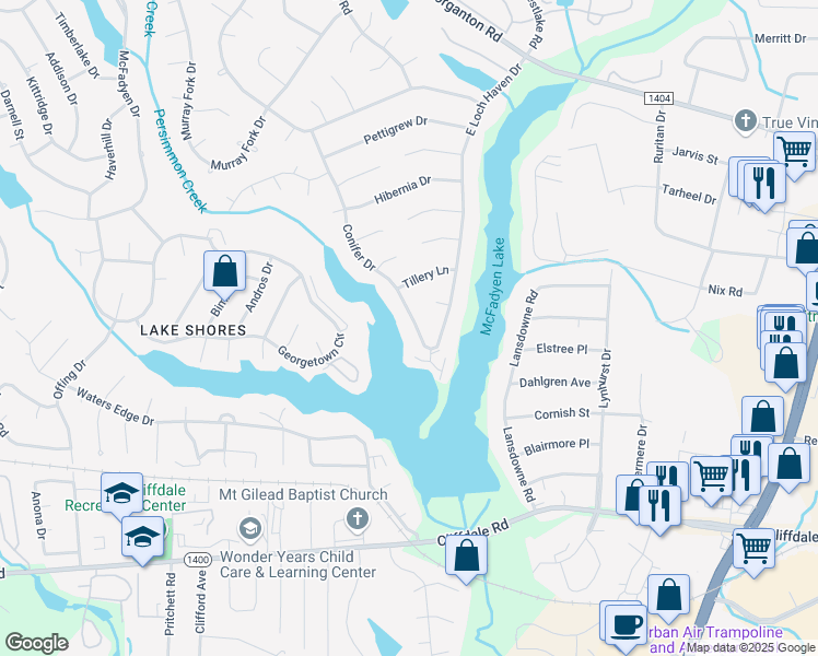 map of restaurants, bars, coffee shops, grocery stores, and more near 335 Conifer Drive in Fayetteville