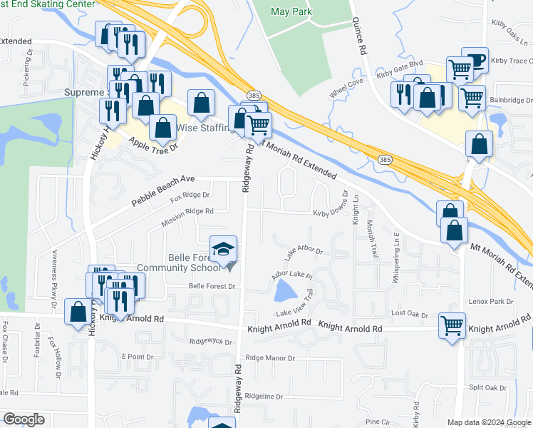 map of restaurants, bars, coffee shops, grocery stores, and more near 6235 Kirby Downs Drive in Memphis