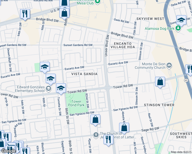 map of restaurants, bars, coffee shops, grocery stores, and more near 640 Vista Viva Lane Southwest in Albuquerque