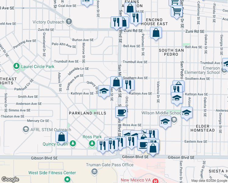 map of restaurants, bars, coffee shops, grocery stores, and more near 1100 Truman Street Southeast in Albuquerque