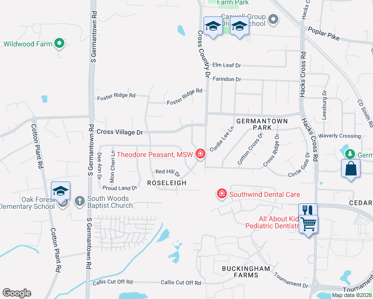 map of restaurants, bars, coffee shops, grocery stores, and more near 7749 October Rose Drive in Memphis
