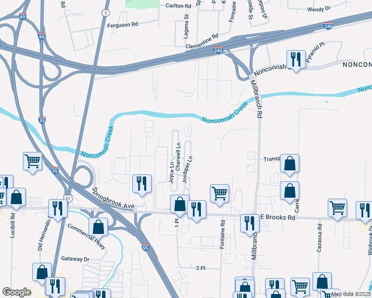 map of restaurants, bars, coffee shops, grocery stores, and more near 3046 Charwell Lane in Memphis