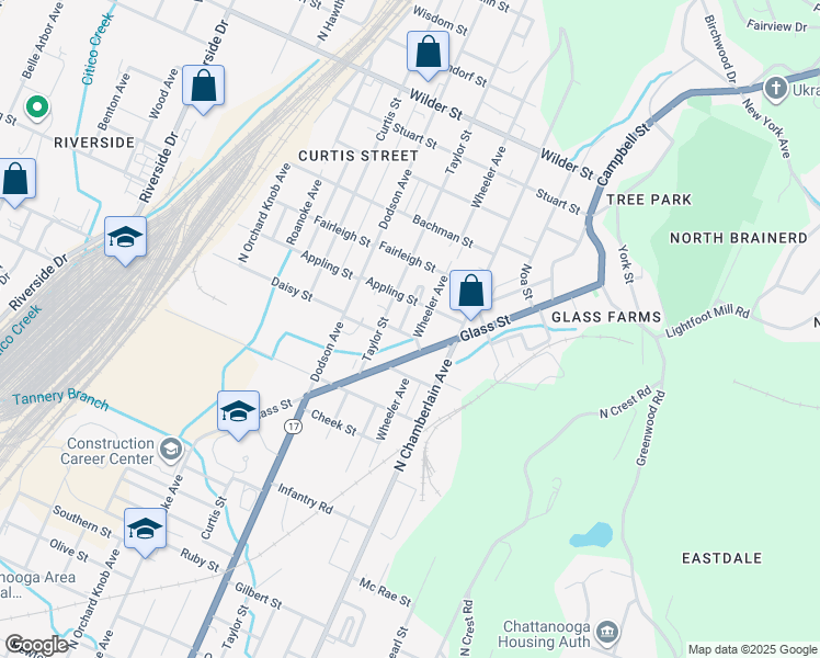 map of restaurants, bars, coffee shops, grocery stores, and more near 2313 Daisy Street in Chattanooga