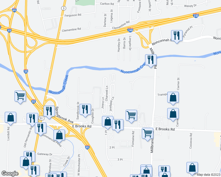 map of restaurants, bars, coffee shops, grocery stores, and more near 3060 Juca Lane in Memphis