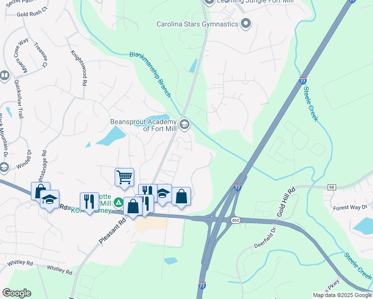 map of restaurants, bars, coffee shops, grocery stores, and more near School House Lane in Fort Mill