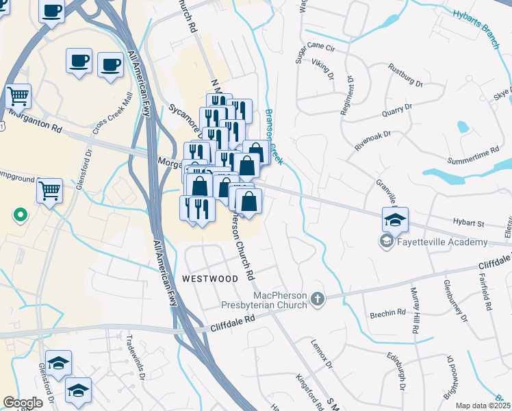 map of restaurants, bars, coffee shops, grocery stores, and more near 124 Highgrove Court in Fayetteville