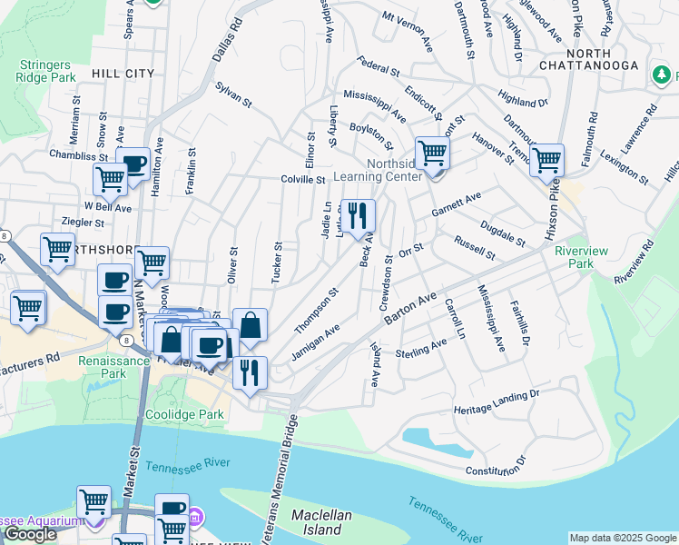 map of restaurants, bars, coffee shops, grocery stores, and more near 414 Thompson Street in Chattanooga