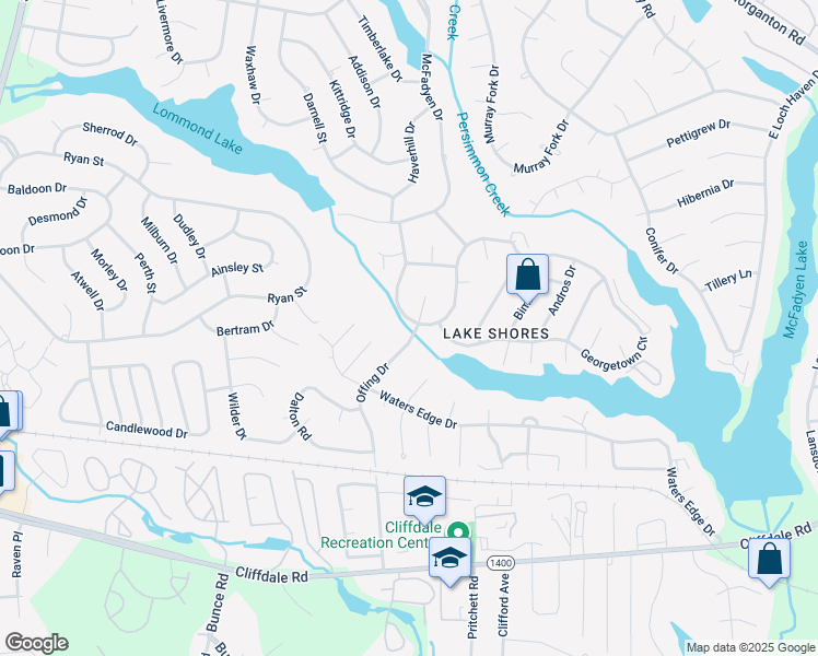 map of restaurants, bars, coffee shops, grocery stores, and more near 343 Offing Drive in Fayetteville