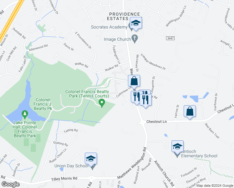 map of restaurants, bars, coffee shops, grocery stores, and more near 4800 Parkgate Drive in Matthews