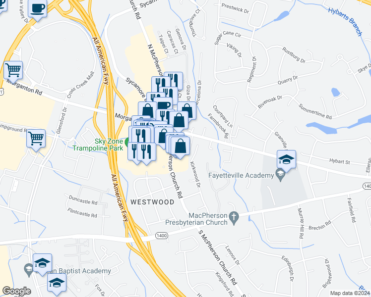 map of restaurants, bars, coffee shops, grocery stores, and more near 124 Highgrove Court in Fayetteville