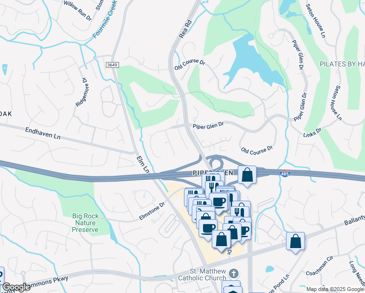 map of restaurants, bars, coffee shops, grocery stores, and more near 7334 Versailles Lane in Charlotte