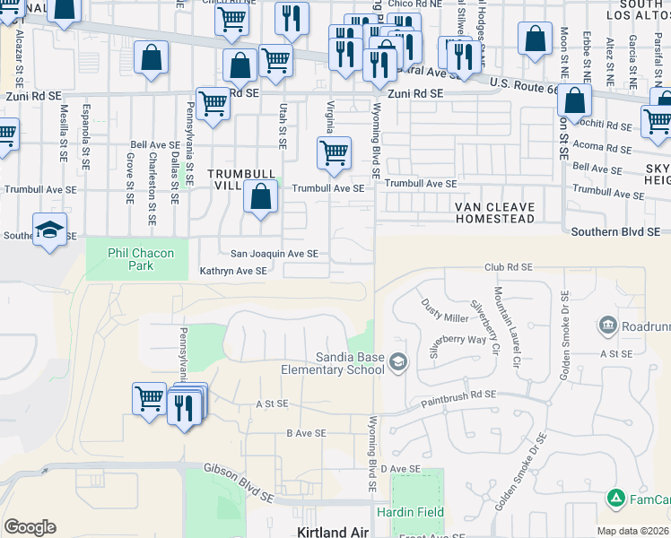 map of restaurants, bars, coffee shops, grocery stores, and more near 8412 Hager Avenue Southeast in Albuquerque