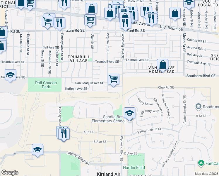map of restaurants, bars, coffee shops, grocery stores, and more near 8412 Hager Avenue Southeast in Albuquerque