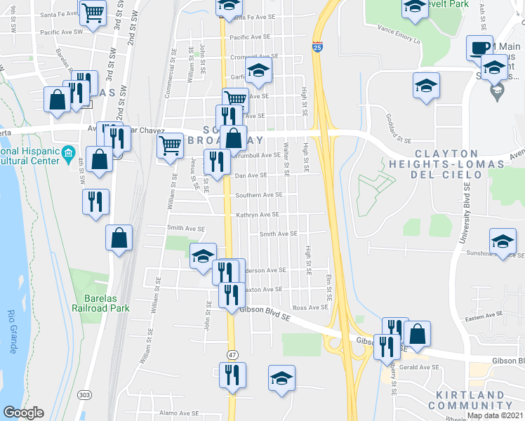 map of restaurants, bars, coffee shops, grocery stores, and more near 1800 Arno Street Southeast in Albuquerque