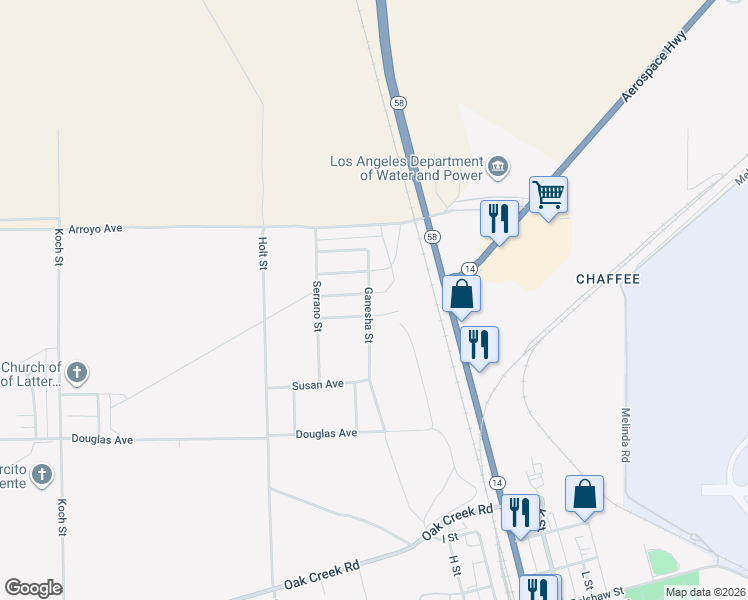 map of restaurants, bars, coffee shops, grocery stores, and more near 2758 Encina Avenue in Mojave