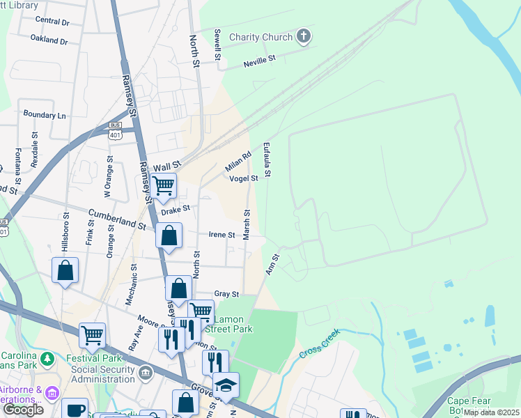 map of restaurants, bars, coffee shops, grocery stores, and more near 743 Eufaula Street in Fayetteville