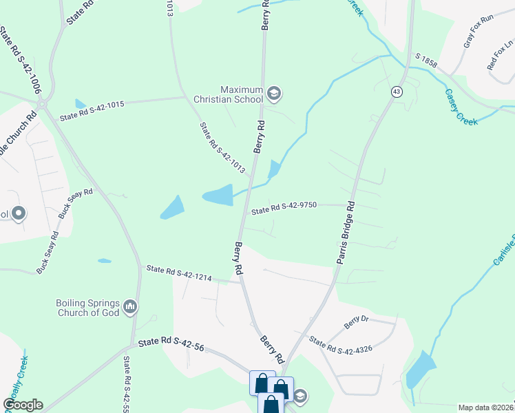 map of restaurants, bars, coffee shops, grocery stores, and more near 625 Berry Road in Boiling Springs