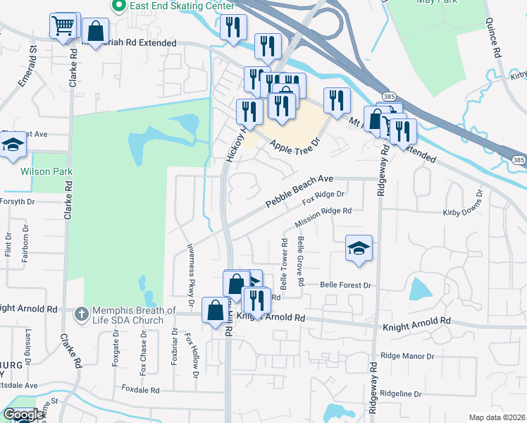 map of restaurants, bars, coffee shops, grocery stores, and more near 6002 Fox Ridge Drive in Memphis