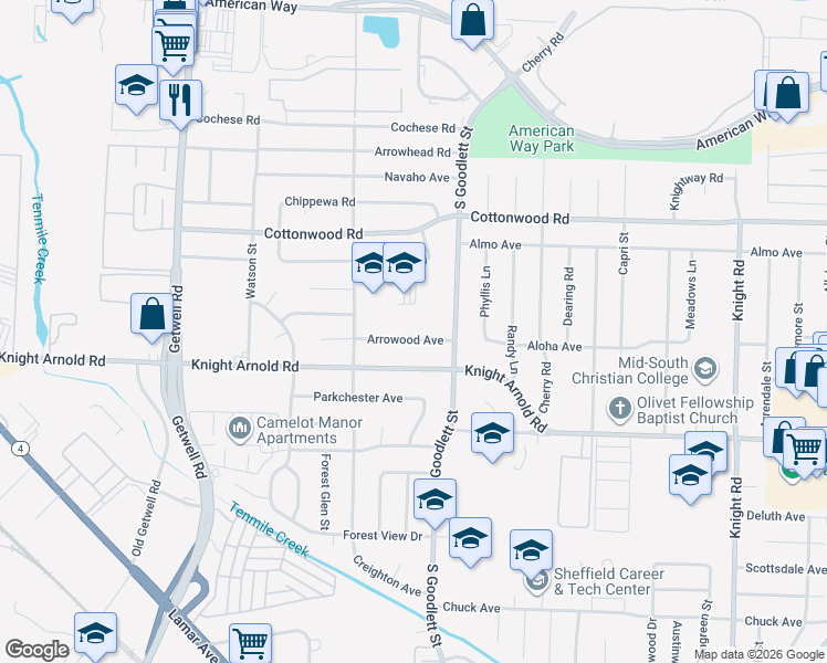 map of restaurants, bars, coffee shops, grocery stores, and more near 4197 Arrowood Avenue in Memphis