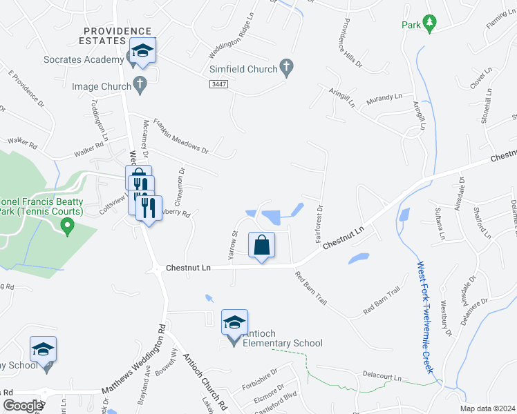 map of restaurants, bars, coffee shops, grocery stores, and more near Willowcroft Drive in Stallings