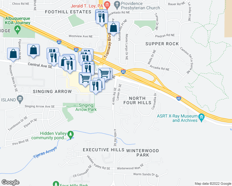 map of restaurants, bars, coffee shops, grocery stores, and more near 219 Lanier Drive Southeast in Albuquerque