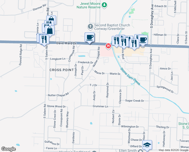 map of restaurants, bars, coffee shops, grocery stores, and more near 2595 Nutter Chapel Road in Conway