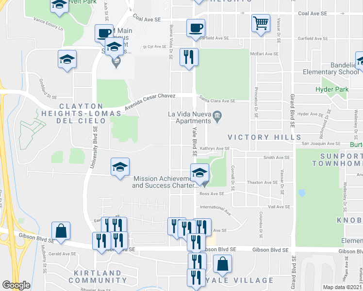 map of restaurants, bars, coffee shops, grocery stores, and more near Kathryn Ave SE & Wilmoore Dr SE in Albuquerque