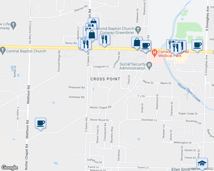 map of restaurants, bars, coffee shops, grocery stores, and more near 2730 Bowman Lane in Conway