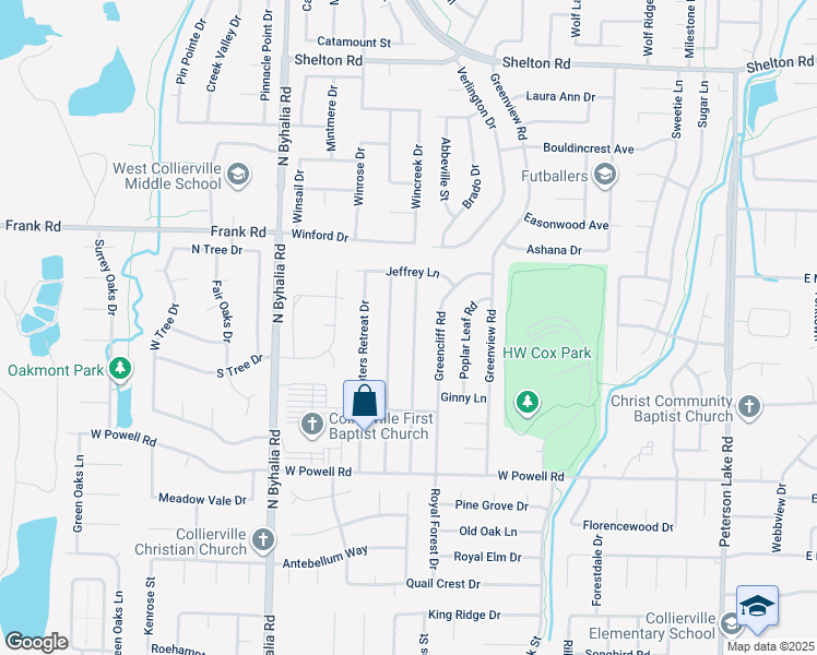 map of restaurants, bars, coffee shops, grocery stores, and more near 953 Barbara Lynn Drive in Collierville