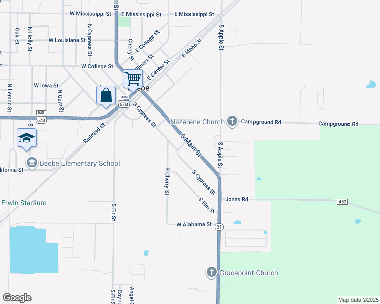 map of restaurants, bars, coffee shops, grocery stores, and more near 410 South Main Street in Beebe