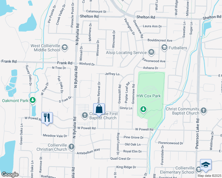 map of restaurants, bars, coffee shops, grocery stores, and more near 967 Barbara Lynn Drive in Collierville