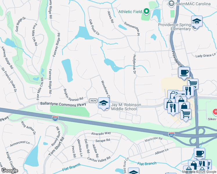 map of restaurants, bars, coffee shops, grocery stores, and more near 10339 Woodview Circle in Charlotte