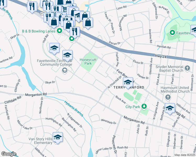 map of restaurants, bars, coffee shops, grocery stores, and more near 216 Marshall Road in Fayetteville