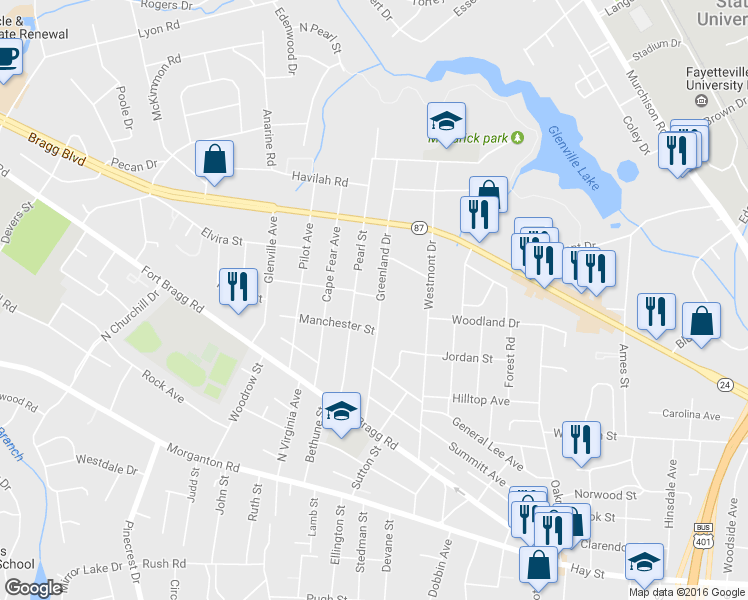 map of restaurants, bars, coffee shops, grocery stores, and more near 631 Greenland Drive in Fayetteville