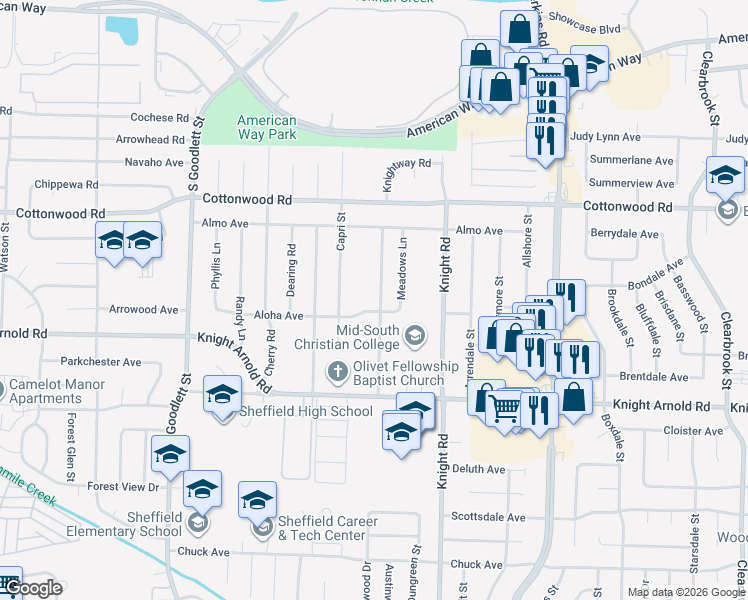map of restaurants, bars, coffee shops, grocery stores, and more near 3060 Knightway Road in Memphis