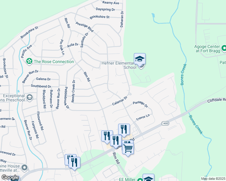 map of restaurants, bars, coffee shops, grocery stores, and more near 747 Prestige Boulevard in Fayetteville