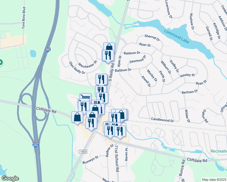 map of restaurants, bars, coffee shops, grocery stores, and more near 416 Cumbrian Court in Fayetteville