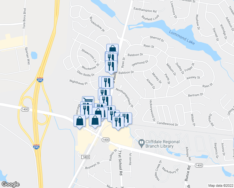 map of restaurants, bars, coffee shops, grocery stores, and more near 416 Cumbrian Court in Fayetteville