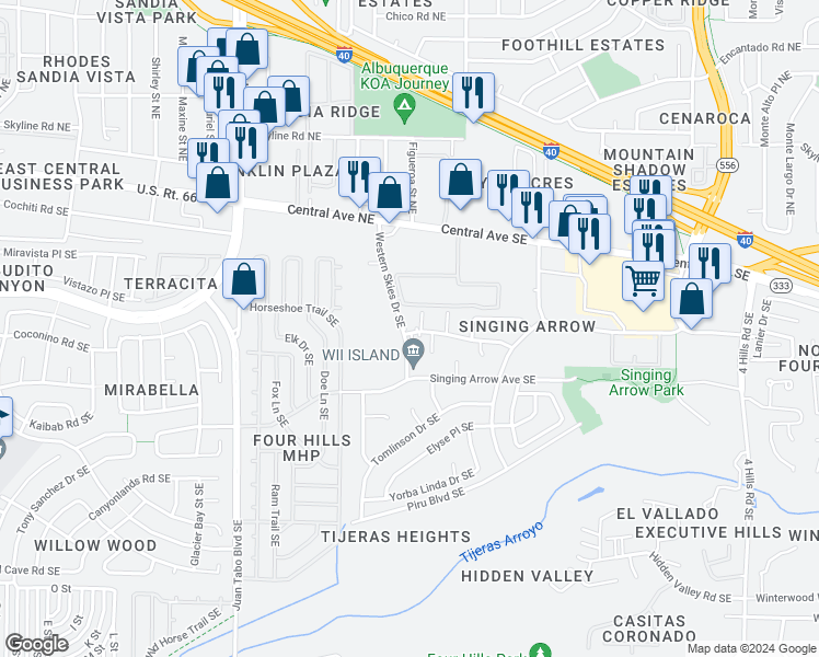 map of restaurants, bars, coffee shops, grocery stores, and more near 12600 Dunes Road Southeast in Albuquerque