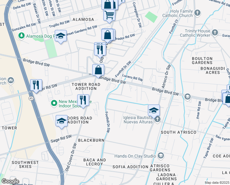 map of restaurants, bars, coffee shops, grocery stores, and more near 2813 Justo Road Southwest in Albuquerque