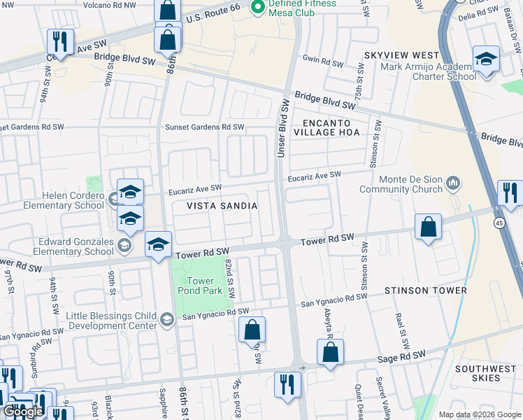 map of restaurants, bars, coffee shops, grocery stores, and more near 652 Vista Viva Lane Southwest in Albuquerque