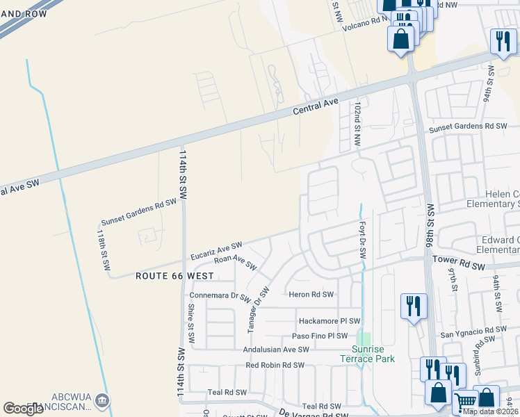 map of restaurants, bars, coffee shops, grocery stores, and more near 10350 Sunset Gardens Road Southwest in Albuquerque