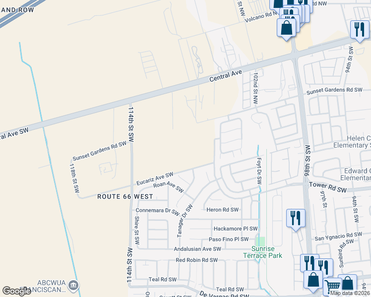 map of restaurants, bars, coffee shops, grocery stores, and more near 10350 Sunset Gardens Road Southwest in Albuquerque