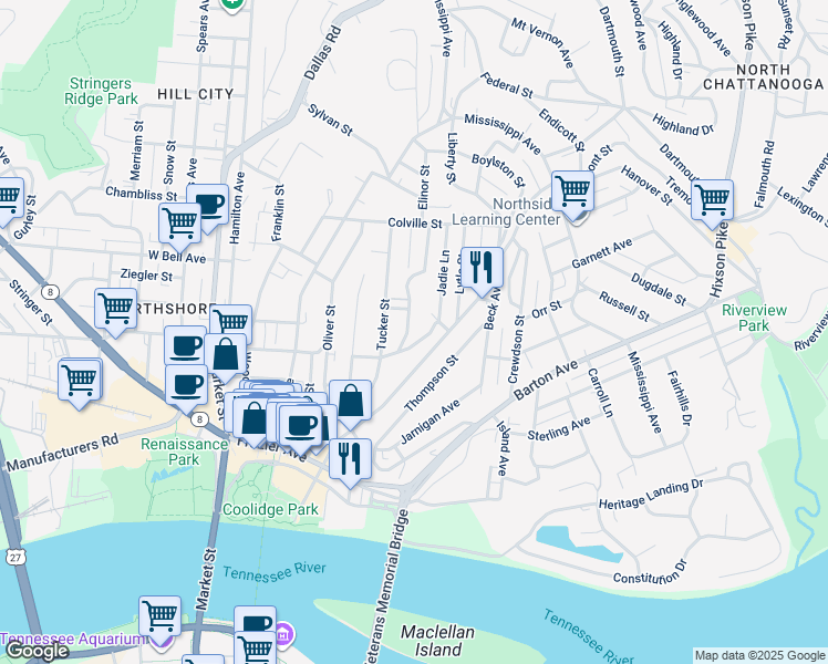 map of restaurants, bars, coffee shops, grocery stores, and more near 401 Rosewood Street in Chattanooga