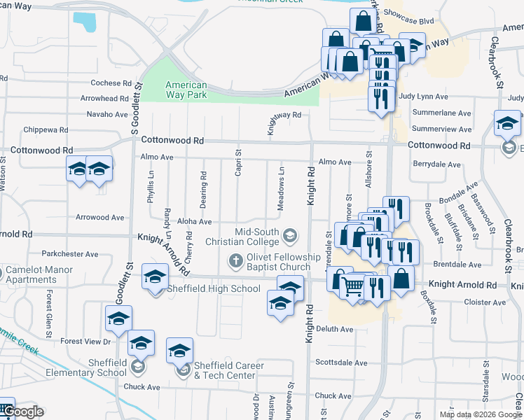 map of restaurants, bars, coffee shops, grocery stores, and more near 3060 Knightway Road in Memphis