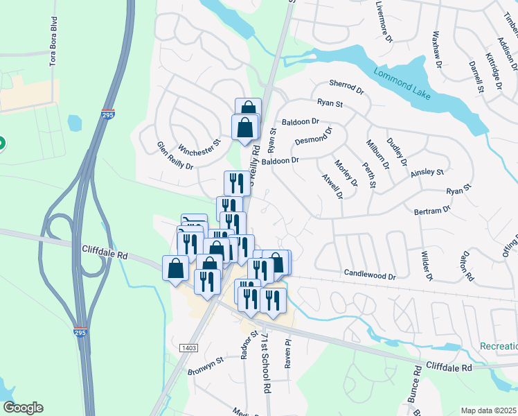 map of restaurants, bars, coffee shops, grocery stores, and more near 414 Cumbrian Court in Fayetteville