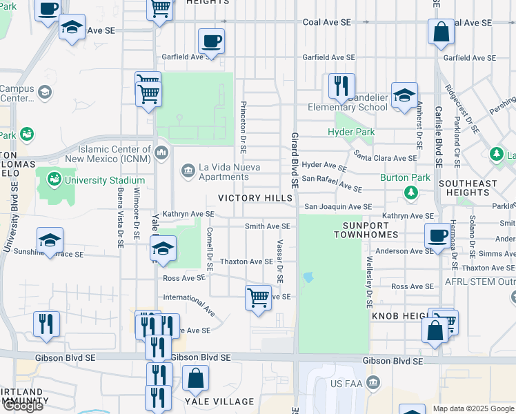 map of restaurants, bars, coffee shops, grocery stores, and more near 2718 San Joaquin Avenue Southeast in Albuquerque