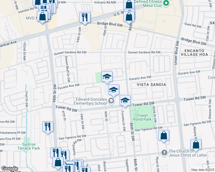 map of restaurants, bars, coffee shops, grocery stores, and more near 8800 Eucariz Avenue Southwest in Albuquerque