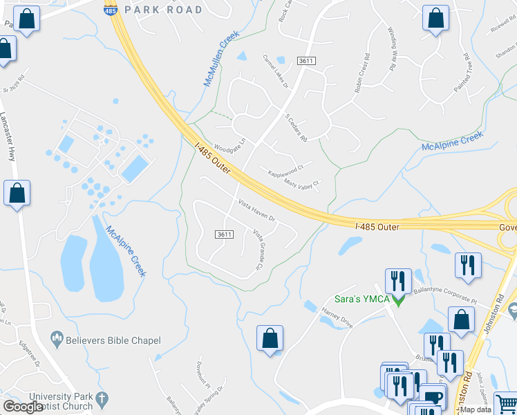 map of restaurants, bars, coffee shops, grocery stores, and more near 11231 Vista Haven Drive in Charlotte