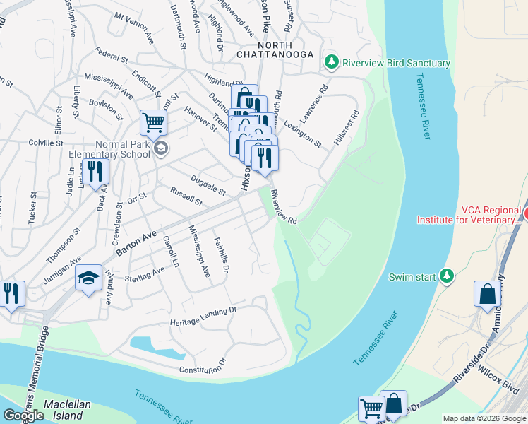 map of restaurants, bars, coffee shops, grocery stores, and more near 909 Sterling Avenue in Chattanooga
